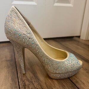 Helen’s Heart Stunning Crystal Encrusted Peep-Toe Platform Formal Wedding Heels